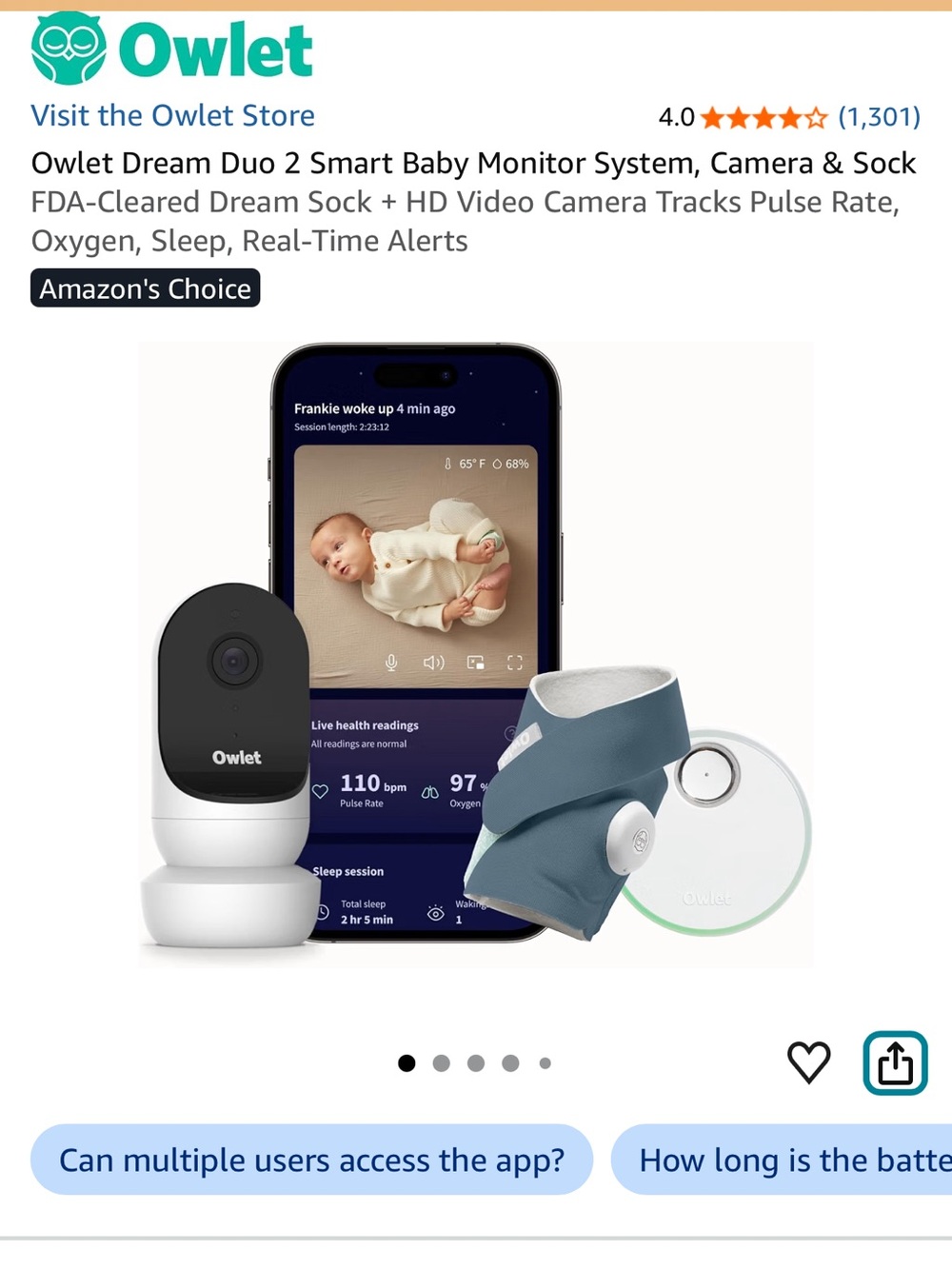 Dream Duo 2 Smart Baby Monitor System with Blue Dream Sock and HD Camera